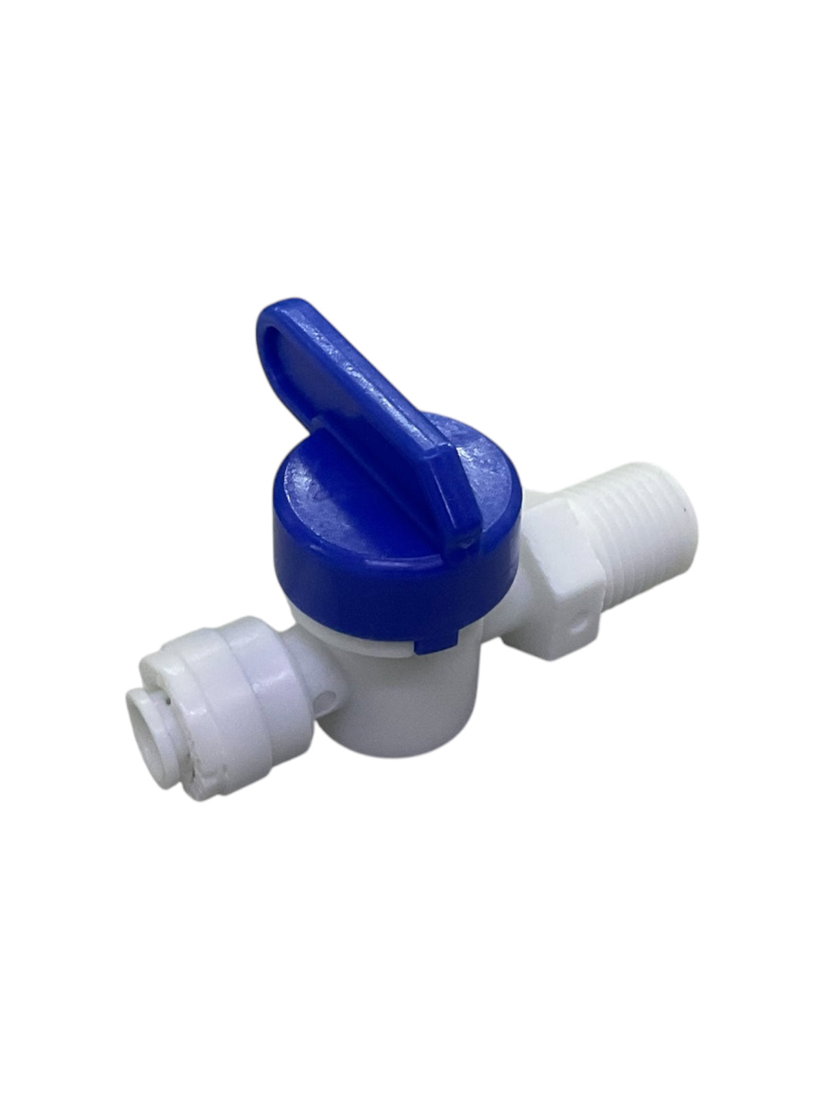 white plastic quick-connect inline ball valve featuring a prominent blue butterfly handle 1/4” x 12.5”
